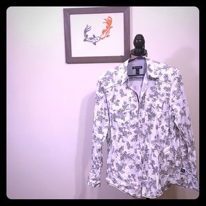 Sexy White and Black Floral Snap Button Down